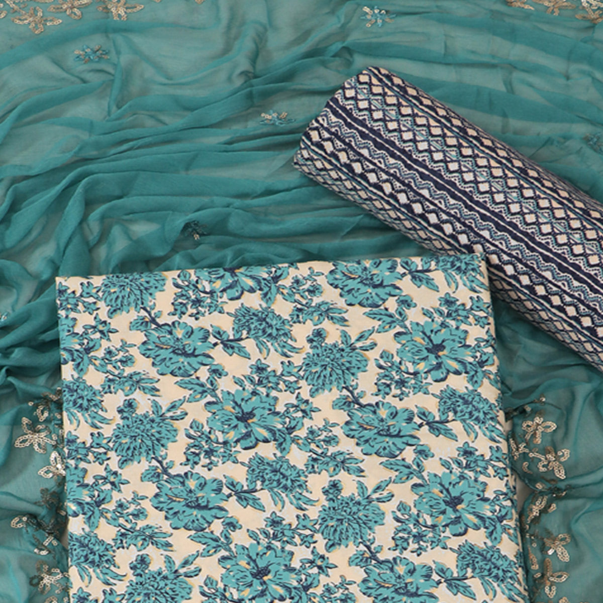 Blue Floral Foil Printed Cotton Blend Dress Material