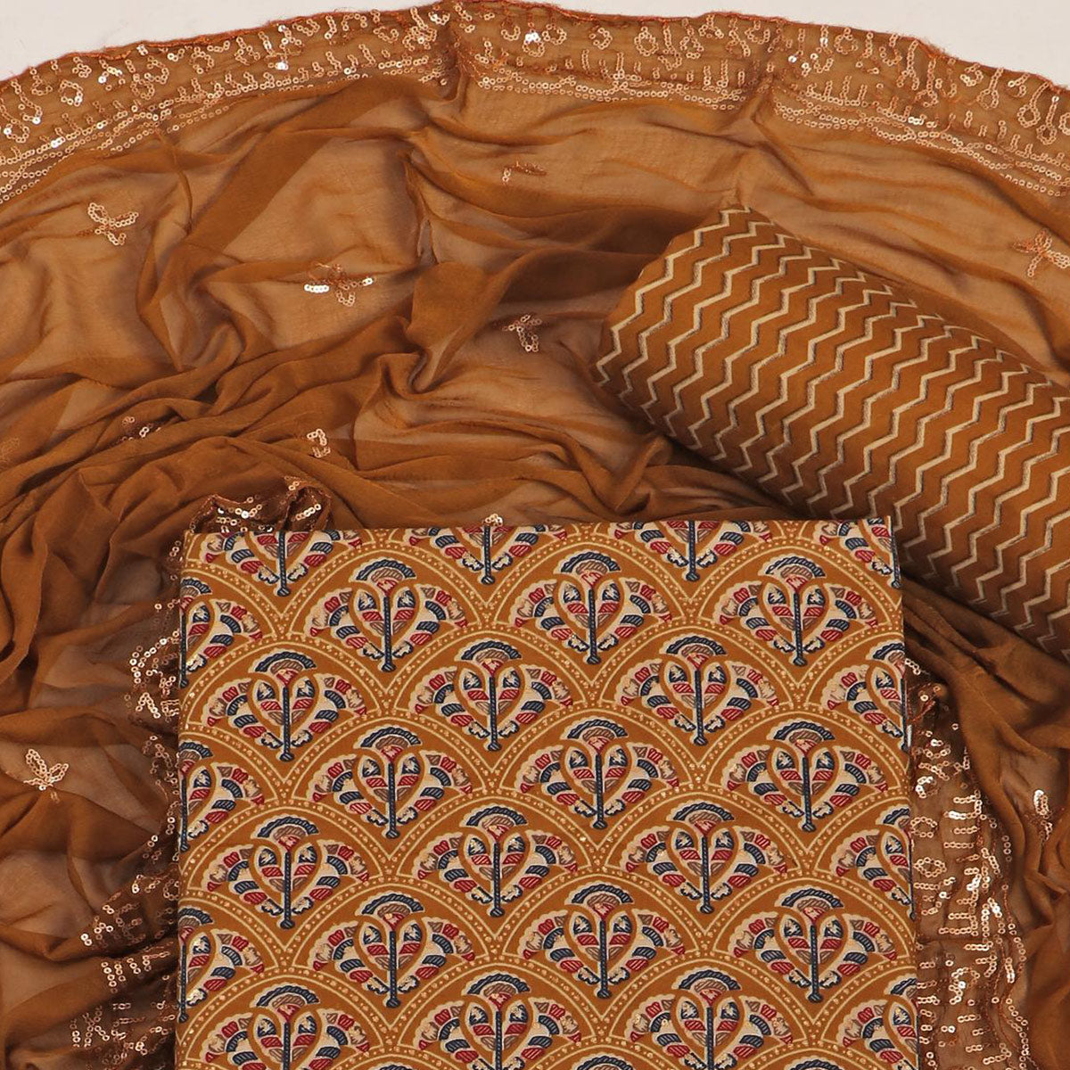 Mustard Floral Foil Printed Cotton Blend Dress Material