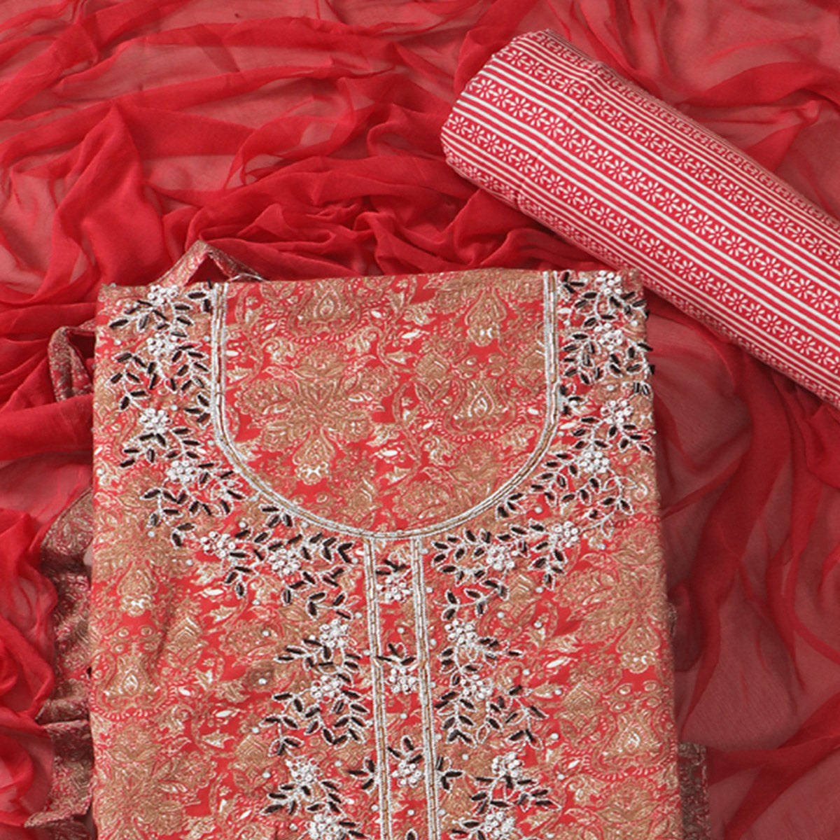 Gajari Pink Floral Printed With Hand Embroidery Pure Cotton Dress Material