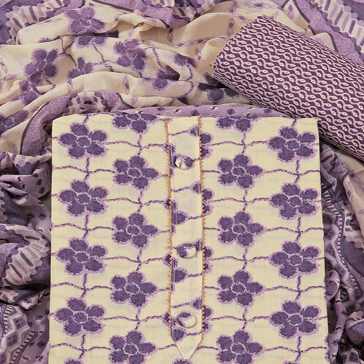 Lavender Floral Printed With Gota Patti Work Pure Cotton Dress Material