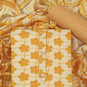 Mustard Floral Printed With Gota Patti Work Pure Cotton Dress Material