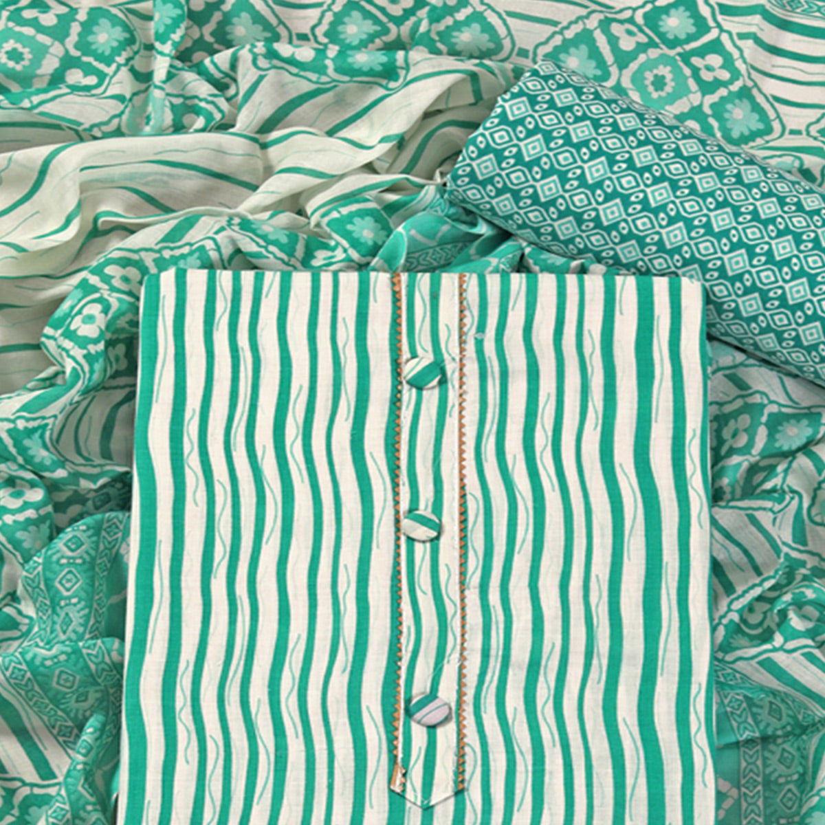 Turquoise Leheriya Printed With Gota Patti Work Pure Cotton Dress Material