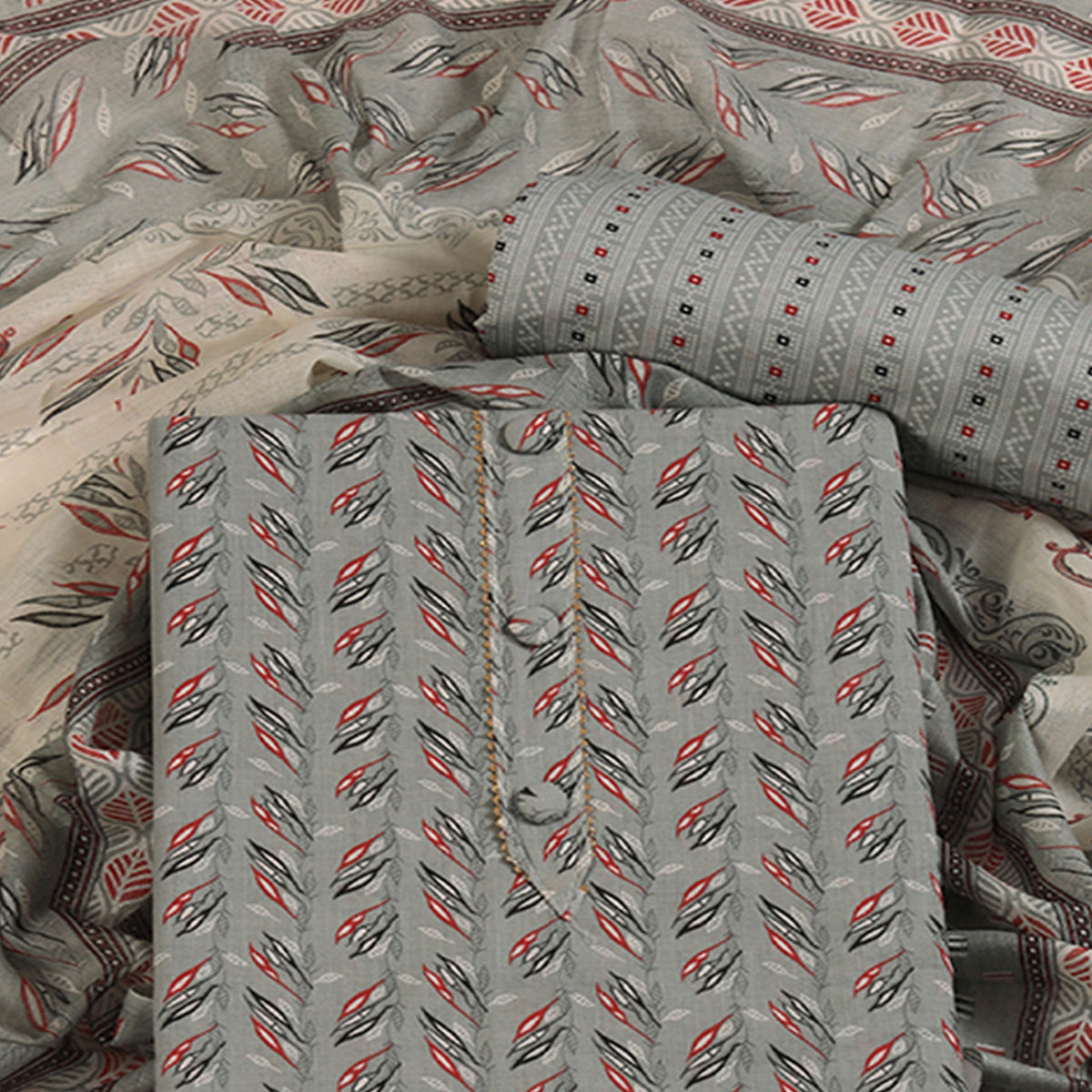 Fresh Grey Dress Material in Pure Cotton with Subtle Leaf Print Accents
