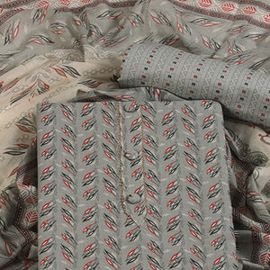 Fresh Grey Dress Material in Pure Cotton with Subtle Leaf Print Accents