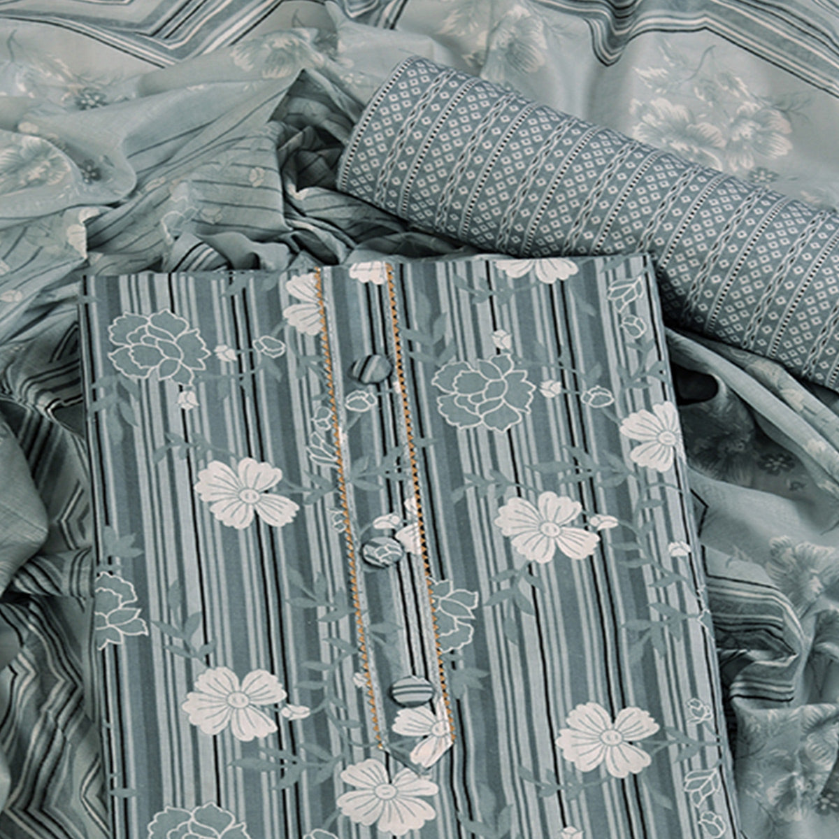 Elegant Grey Pure Cotton Ensemble Showcasing Subtle Floral Print Work Dress Material