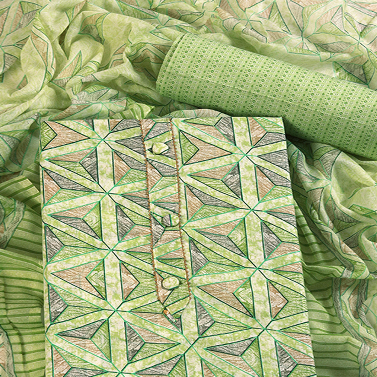 Green Pure Cotton Dress Material with Contemporary Geometric Prints