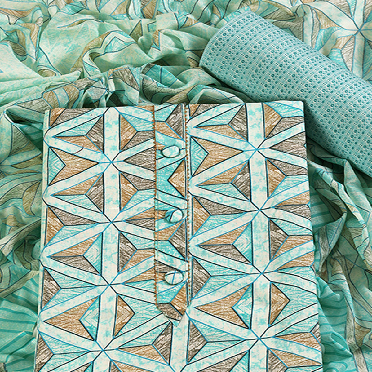 Sea Green Pure Cotton Dress Material with Contemporary Geometric Prints