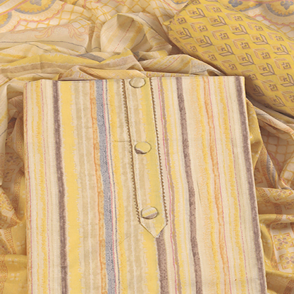 Classic Striped Design in Soft Yellow Pure Cotton Unstitched Dress Material