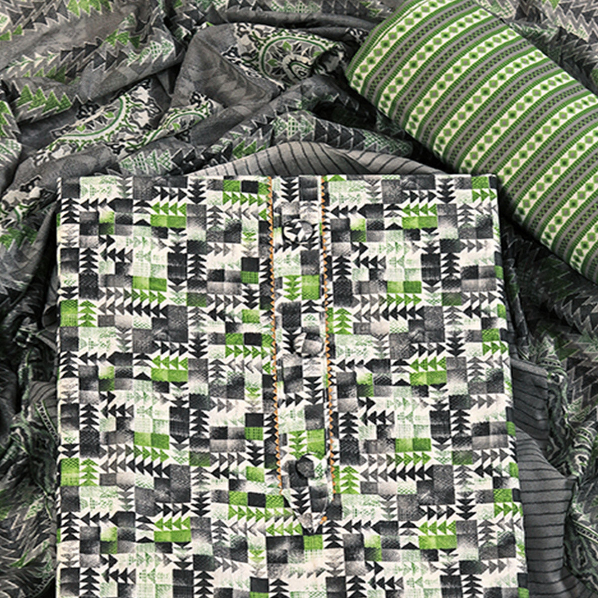 Cotton Dress Material Featuring a Grey and Green Palette with Artistic Geometric Patterns