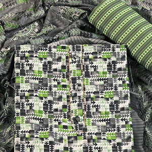 Cotton Dress Material Featuring a Grey and Green Palette with Artistic Geometric Patterns