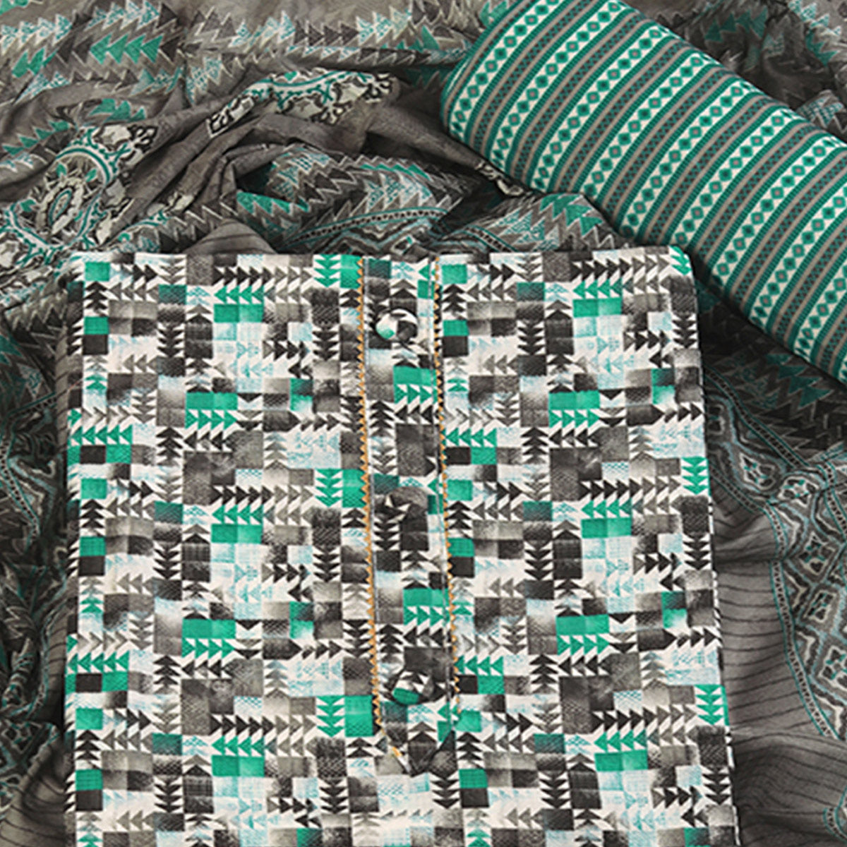 Cotton Dress Material Featuring a Grey and Rama Green Palette with Artistic Geometric Patterns