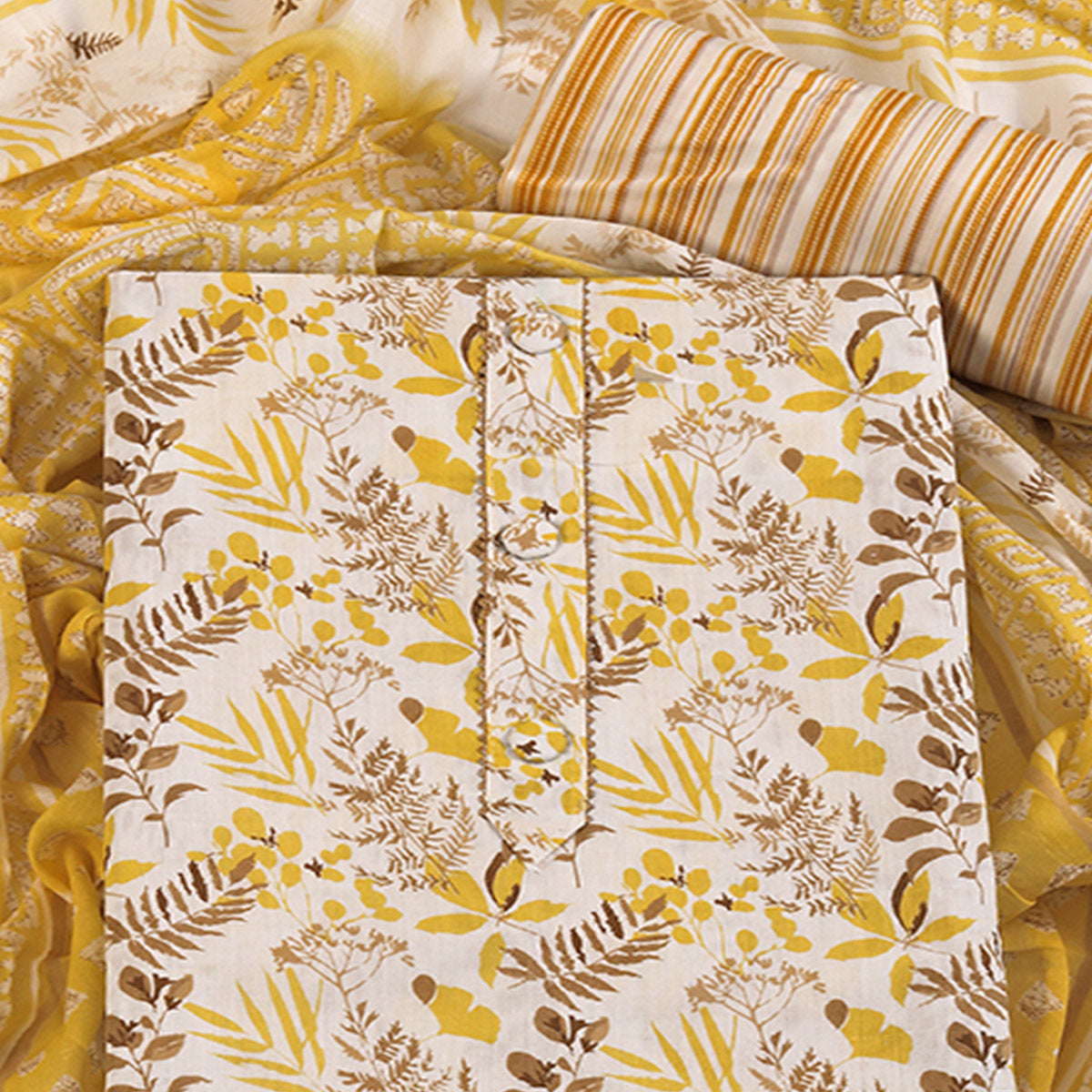 Floral Motifs on Mustard Pure Cotton Dress Material for Effortless Style