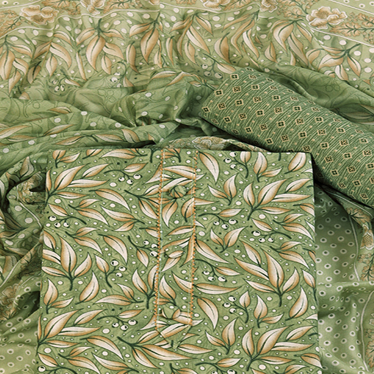 Pure Cotton Dress Material in Soothing Green with Artistic Floral Prints