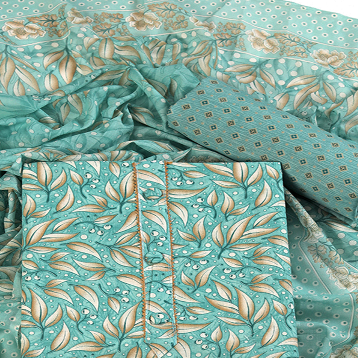 Pure Cotton Dress Material in Soothing Sea Green with Artistic Floral Prints