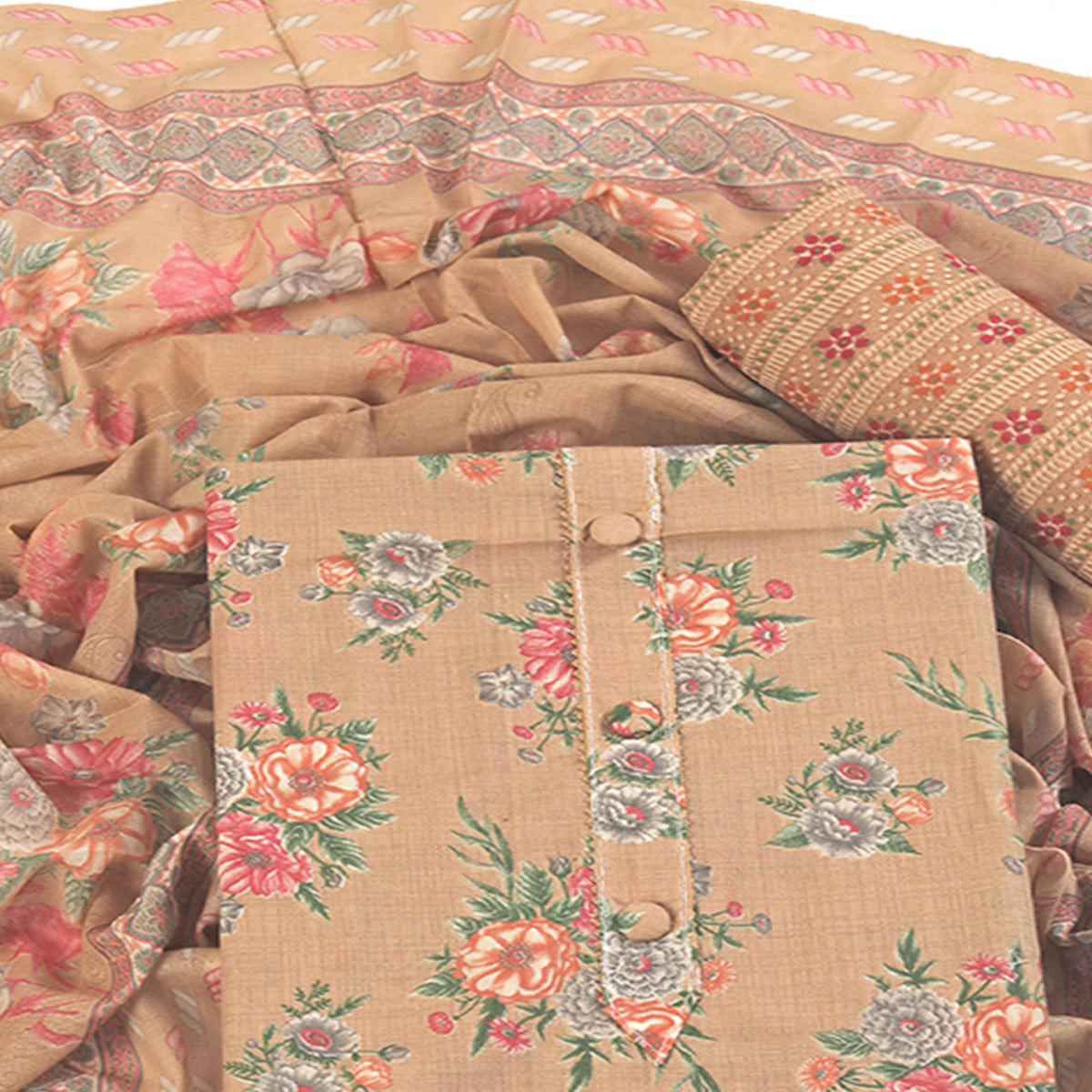 Charming Peach Dress Material in Pure Cotton with Subtle Floral Pattern Work