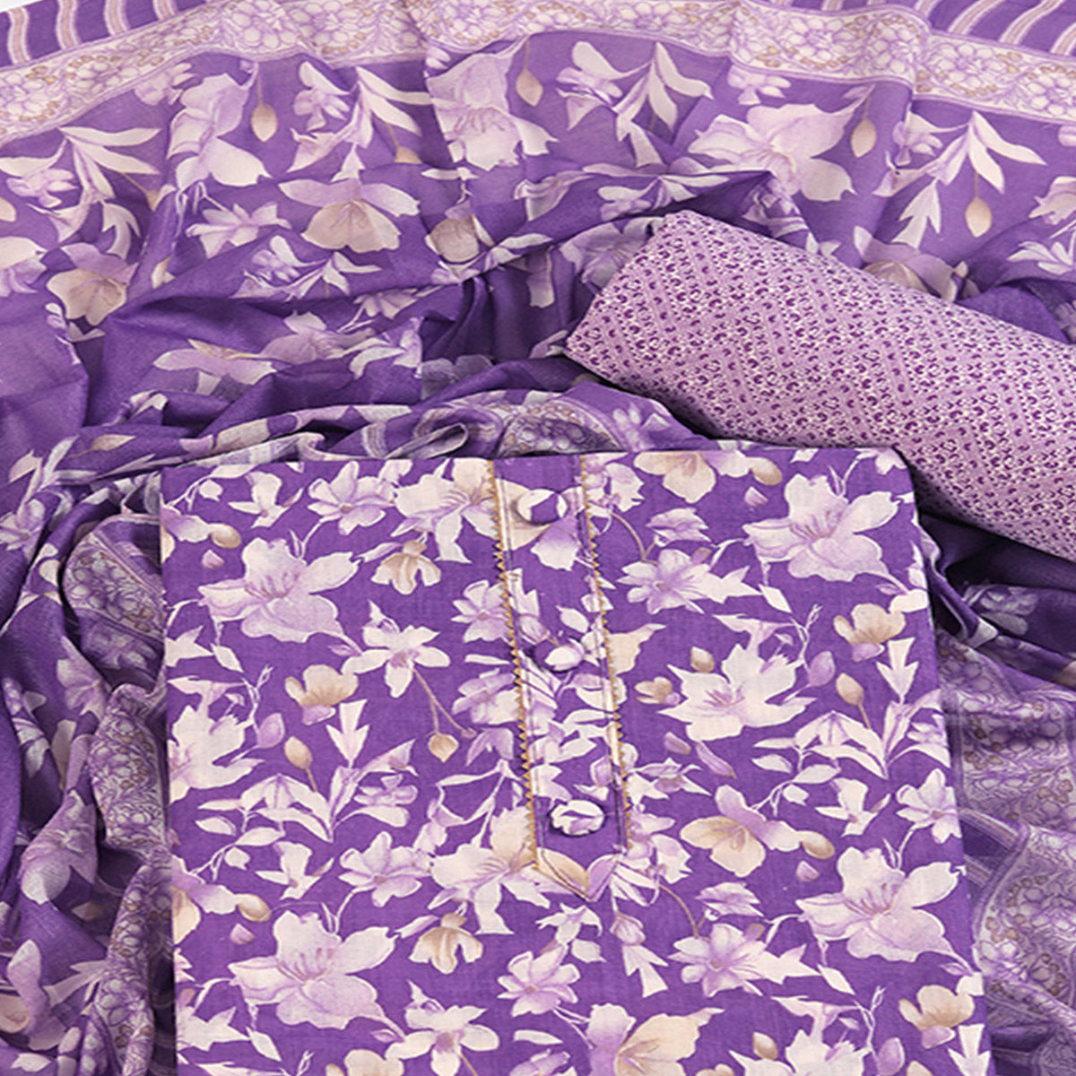 Lavender Floral Motif Printed Dress Material for Effortless Elegance