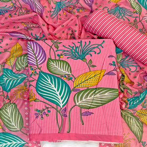 Pink Floral & Striped Printed Pure Cotton Dress Material With Elegant Detailing