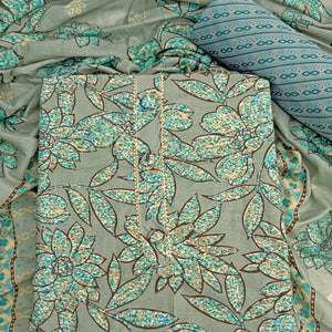 Dusty Sea Green Floral Printed Pure Cotton Dress Material With Elegant Everyday Appeal