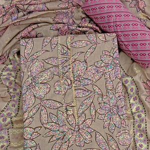 Brown & Pink Floral Printed Pure Cotton Dress Material With Elegant Everyday Appeal