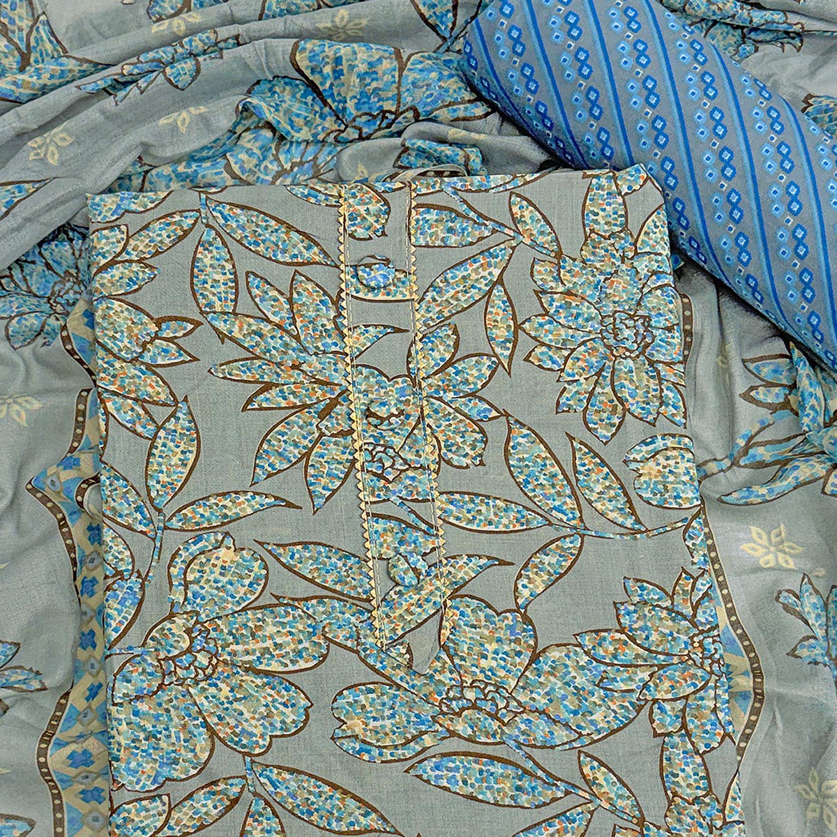 Dusty Blue Floral Printed Pure Cotton Dress Material With Elegant Everyday Appeal