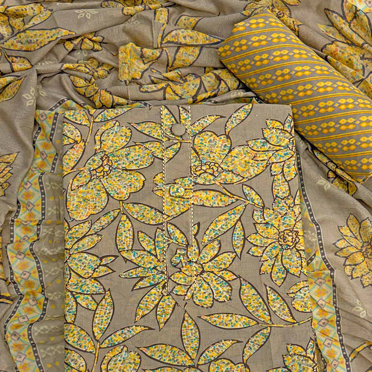 Brown & Yellow Floral Printed Pure Cotton Dress Material With Elegant Everyday Appeal
