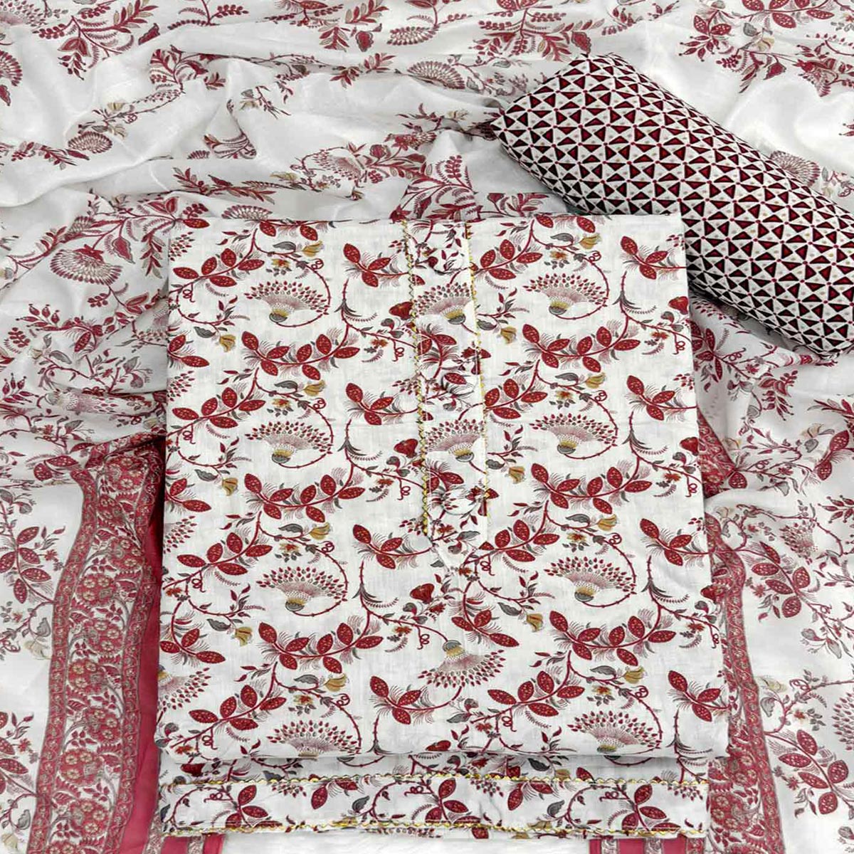 Elegant Maroon Floral Printed Pure Cotton Dress Material With Tie Neck & Fancy Button