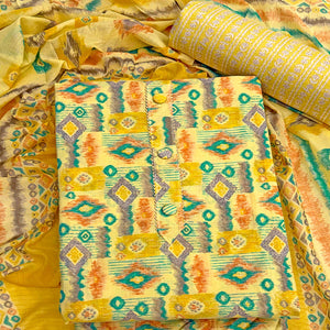 Yellow Contemporary Ikat & Geometric Style Print Pure Cotton Dress Material With Decorative Button