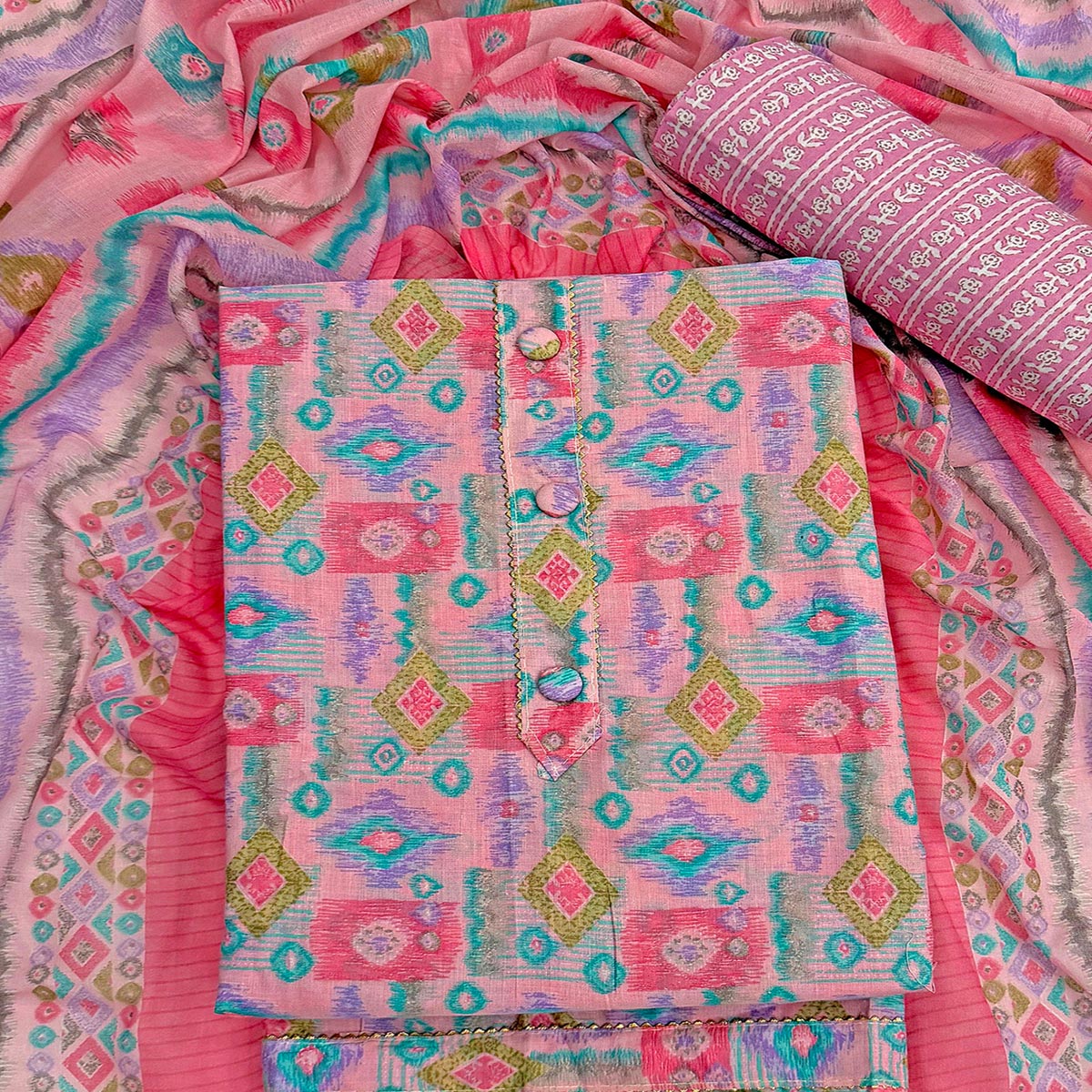 Pink Contemporary Ikat & Geometric Style Print Pure Cotton Dress Material With Decorative Button