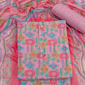Pink Contemporary Ikat & Geometric Style Print Pure Cotton Dress Material With Decorative Button