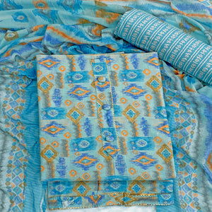 Blue Contemporary Ikat & Geometric Style Print Pure Cotton Dress Material With Decorative Button