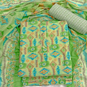 Green Contemporary Ikat & Geometric Style Print Pure Cotton Dress Material With Decorative Button