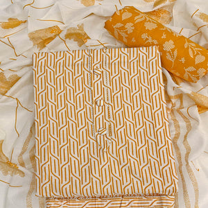 Trendy Mustard Geometric Print Pure Cotton Dress Material Featuring Stylish Tie Neck & Fancy Button