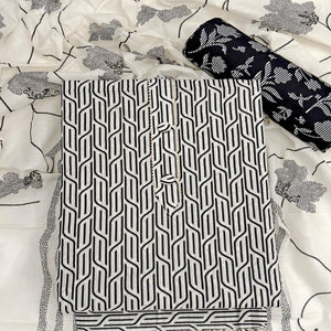 Trendy Black Geometric Print Pure Cotton Dress Material Featuring Stylish Tie Neck & Fancy Button