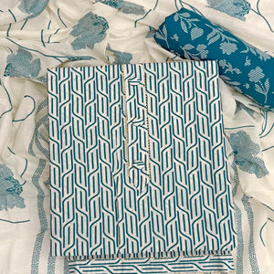 Trendy Teal Geometric Print Pure Cotton Dress Material Featuring Stylish Tie Neck & Fancy Button