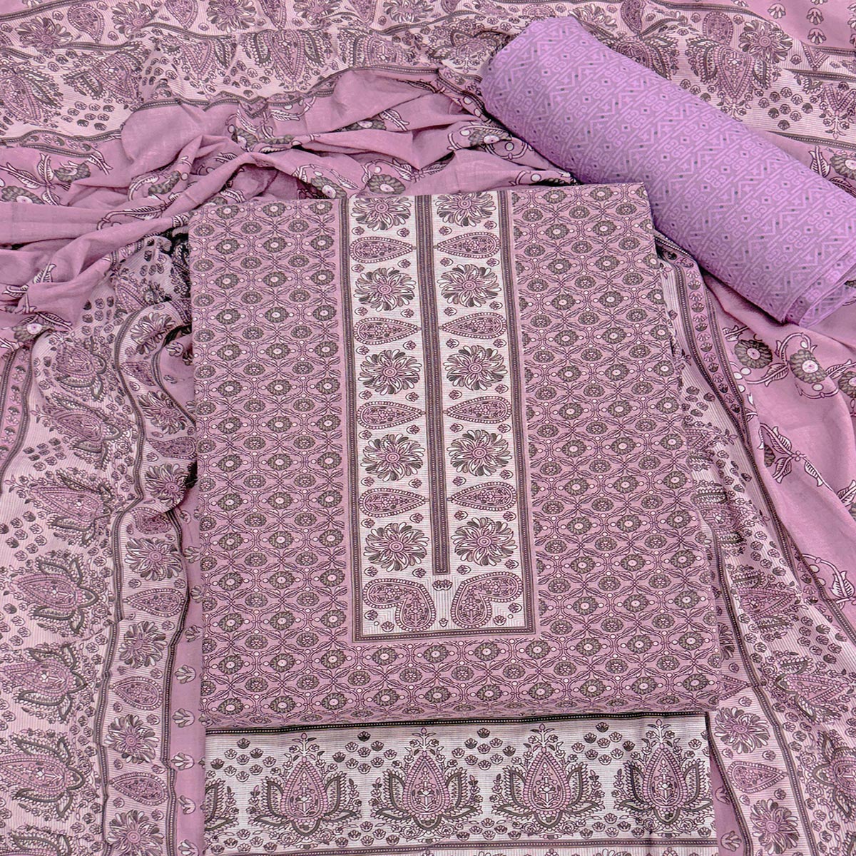 Vibrant Light Purple Floral Print Pure Cotton Dress Material With Refined Craftsmanship