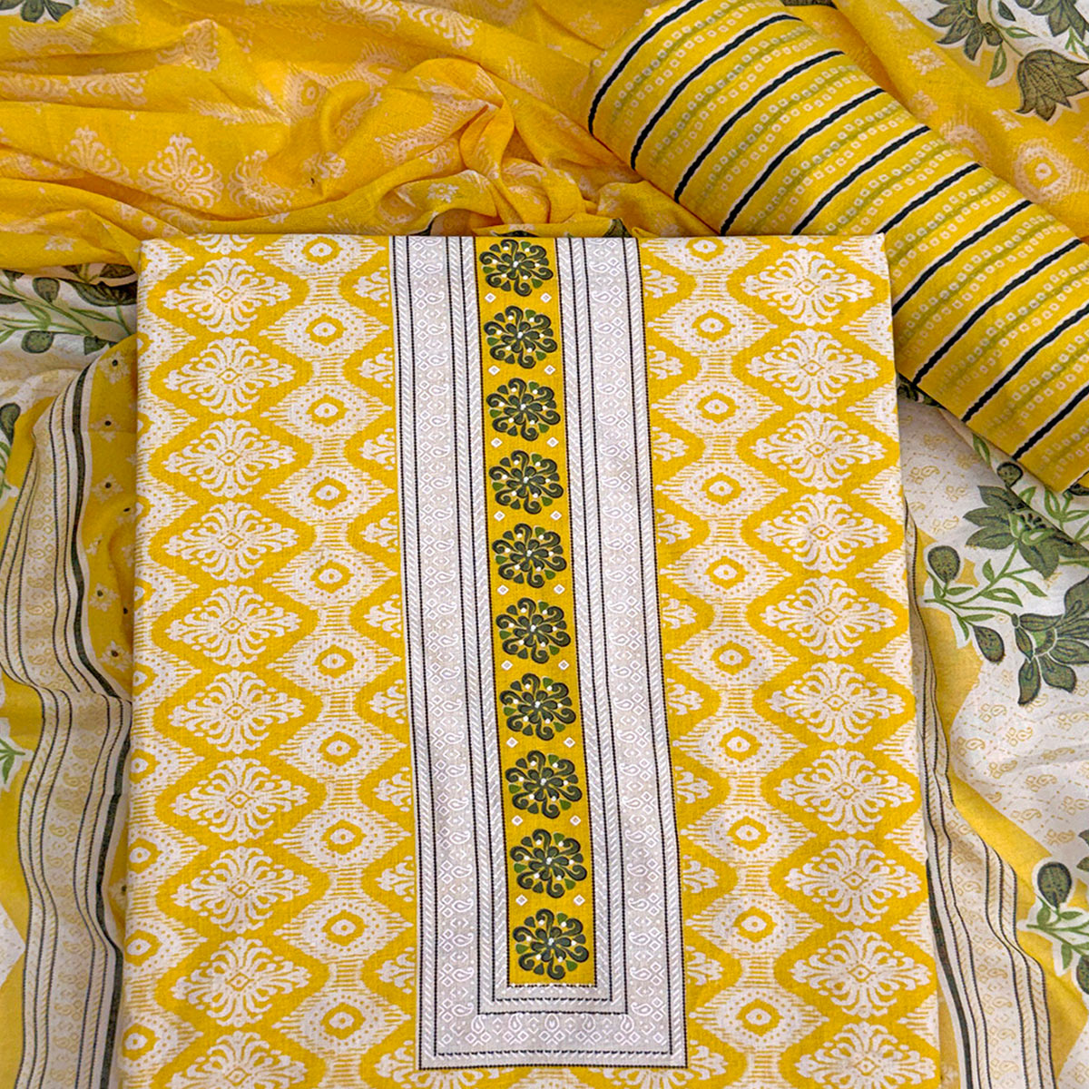 Charming Yellow Pure Cotton Dress Material With Delicate Floral Print