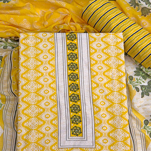 Charming Yellow Pure Cotton Dress Material With Delicate Floral Print