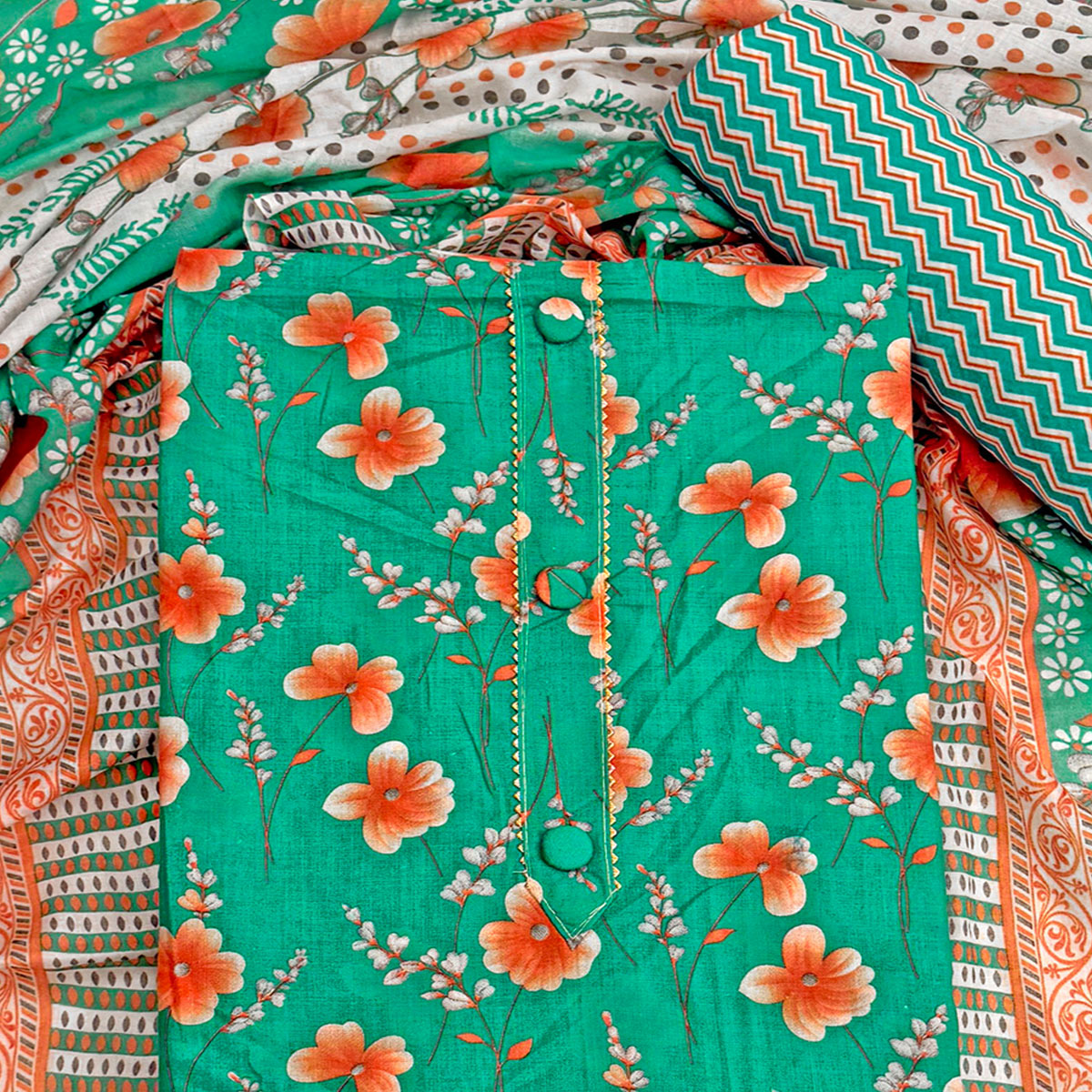 Green Floral Printed Pure Cotton Dress Material With Stylish Tie Neck & Fancy Button Work
