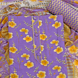 Lavender Floral Printed Pure Cotton Dress Material With Stylish Tie Neck & Fancy Button Work