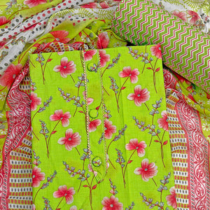 Parrot Green Floral Printed Pure Cotton Dress Material With Stylish Tie Neck & Fancy Button Work