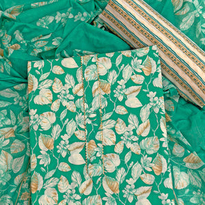 Charming Green Pure Cotton Dress Material Featuring Floral Print With Tie On Neck & Fancy Button