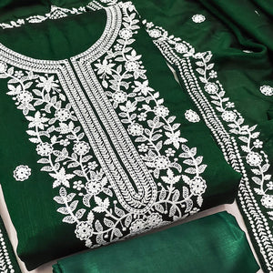 Green Floral Embroidered Vichitra Silk Dress Material