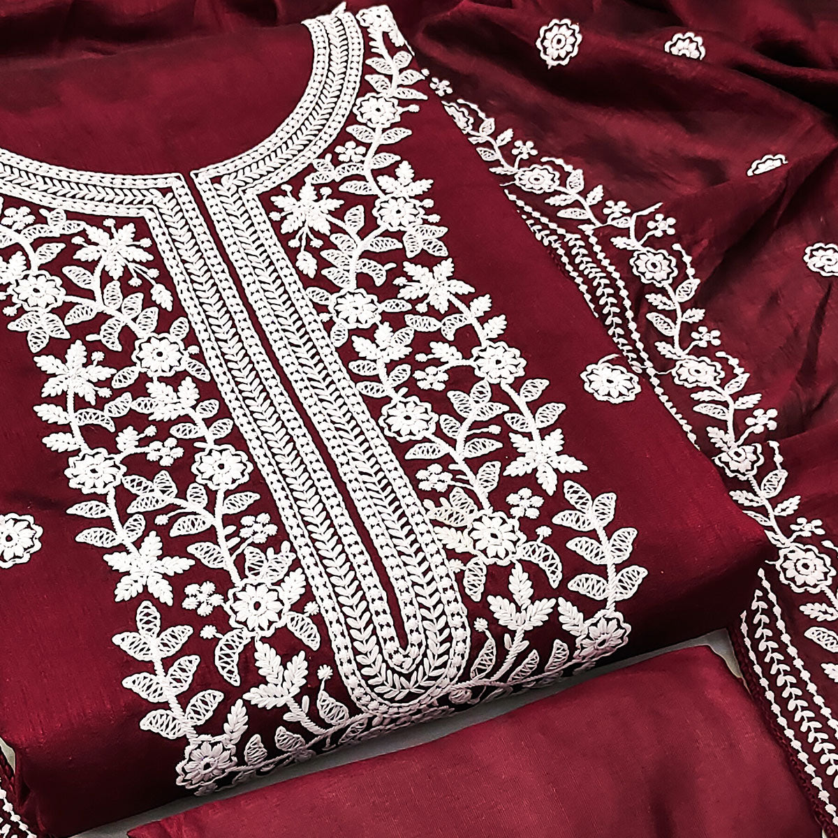 Maroon Floral Embroidered Vichitra Silk Dress Material