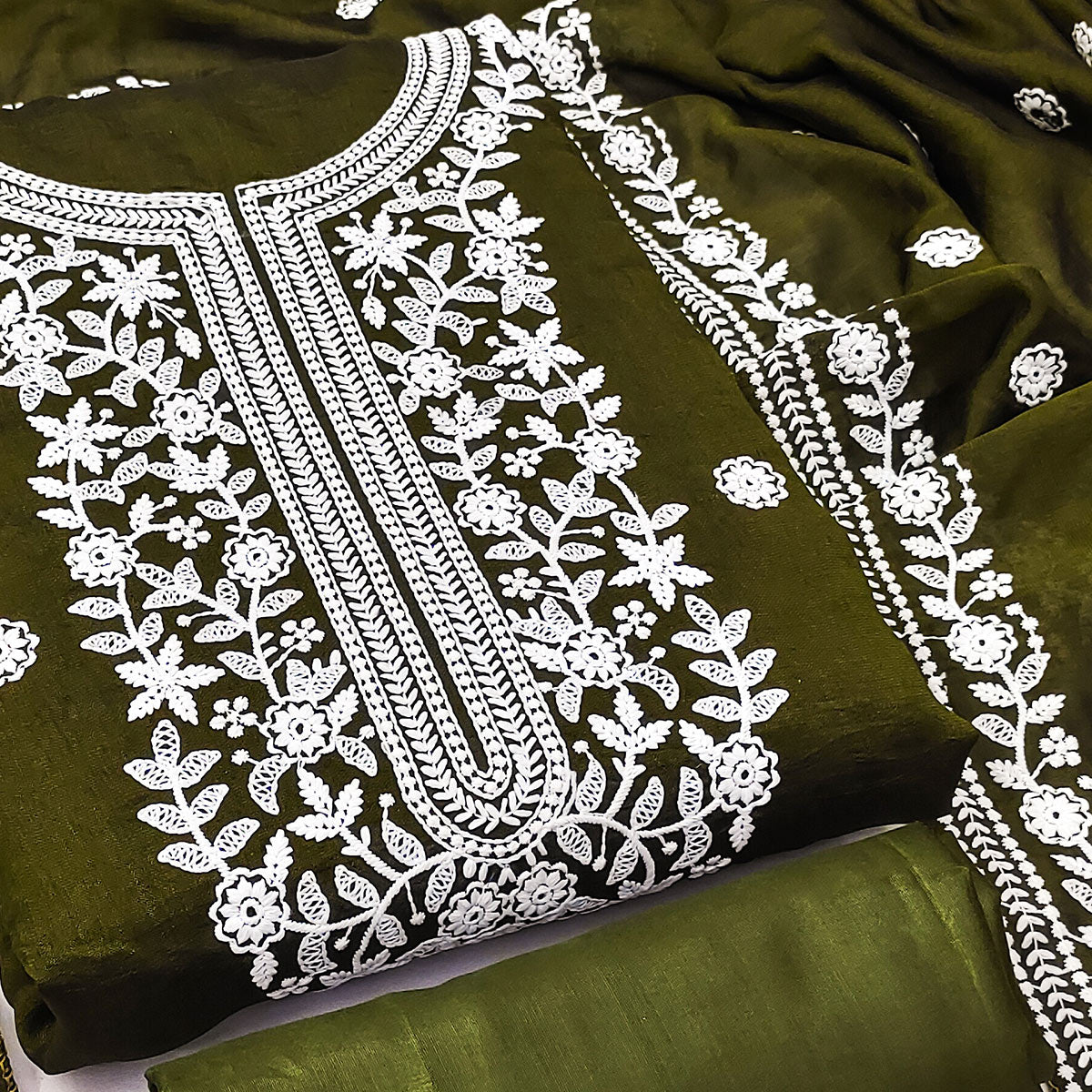 Mehendi Green Floral Embroidered Vichitra Silk Dress Material
