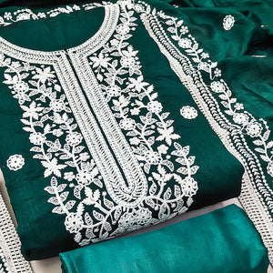 Rama Green Floral Embroidered Vichitra Silk Dress Material