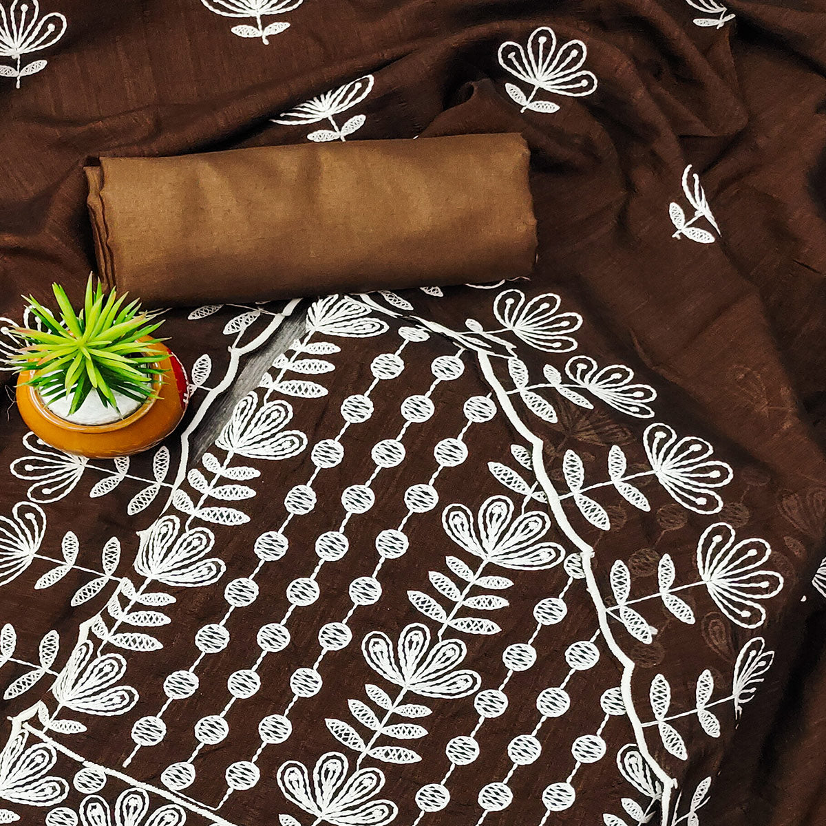 Brown Floral Embroidered Vichitra Silk Dress Material