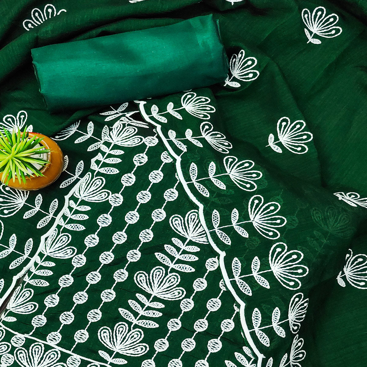 Green Floral Embroidered Vichitra Silk Dress Material