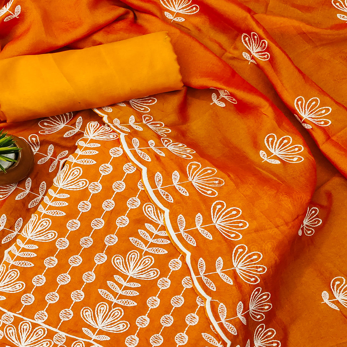 Mustard Floral Embroidered Vichitra Silk Dress Material