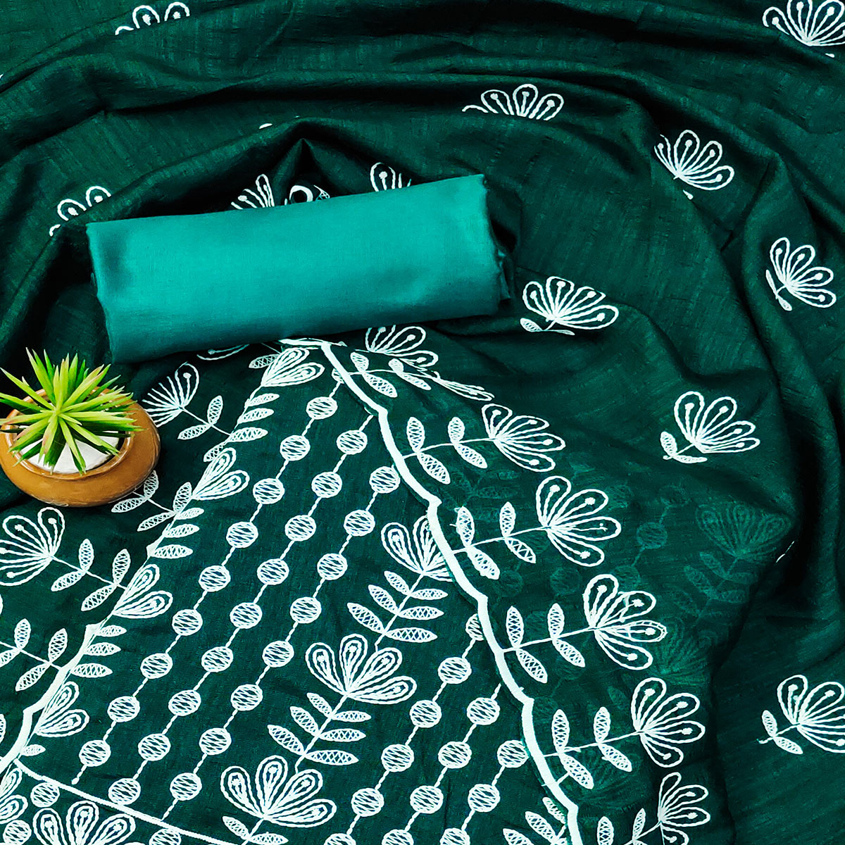 Rama Green Floral Embroidered Vichitra Silk Dress Material