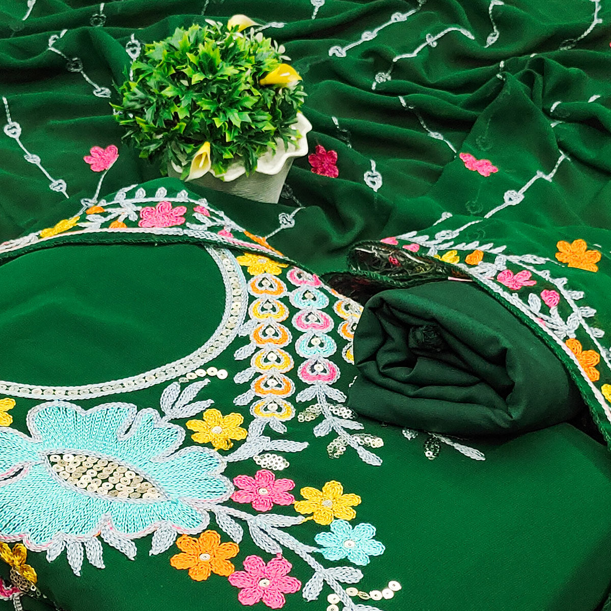 Dark Green Floral Sequins Embroidered Georgette Dress Material